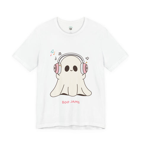 Cute Ghost 'Boo Jams' Unisex Tee, Halloween Shirt, Kawaii Ghost Top, Music Lover Gift, Spooky Season Apparel