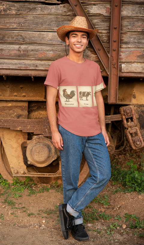 Vintage Farmyard Tee with Rooster Pig and Cow - Unisex Tee