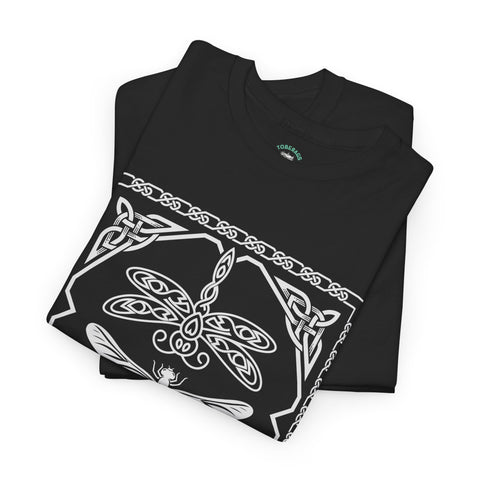 Graphic Dragonfly Insect Celtic Style Tee, Unisex Heavy Cotton T-Shirt, Bug Lover Gift, Nature Inspired Shirt, Unique Entomology Top, Insect