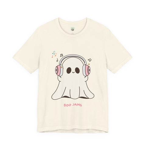 Cute Ghost 'Boo Jams' Unisex Tee, Halloween Shirt, Kawaii Ghost Top, Music Lover Gift, Spooky Season Apparel