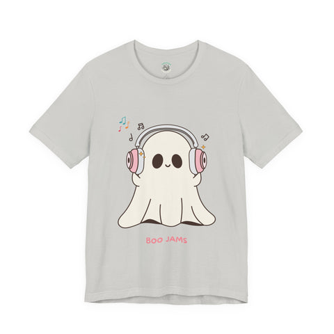 Cute Ghost 'Boo Jams' Unisex Tee, Halloween Shirt, Kawaii Ghost Top, Music Lover Gift, Spooky Season Apparel
