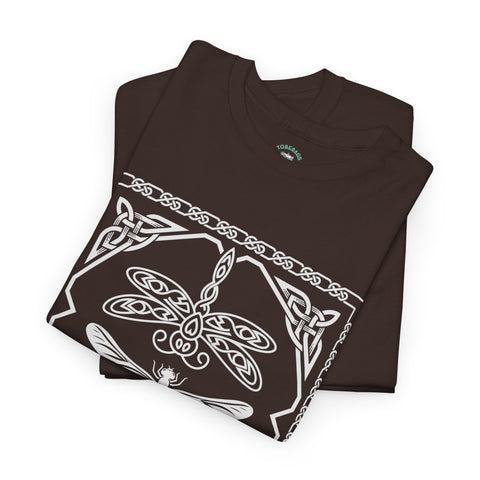 Graphic Dragonfly Insect Celtic Style Tee, Unisex Heavy Cotton T-Shirt, Bug Lover Gift, Nature Inspired Shirt, Unique Entomology Top, Insect
